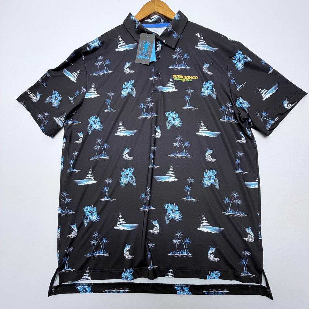 Scales Gear Mens Sporty Fishing Polo Shirt Black Tropical Marlin Yacht XL NWT